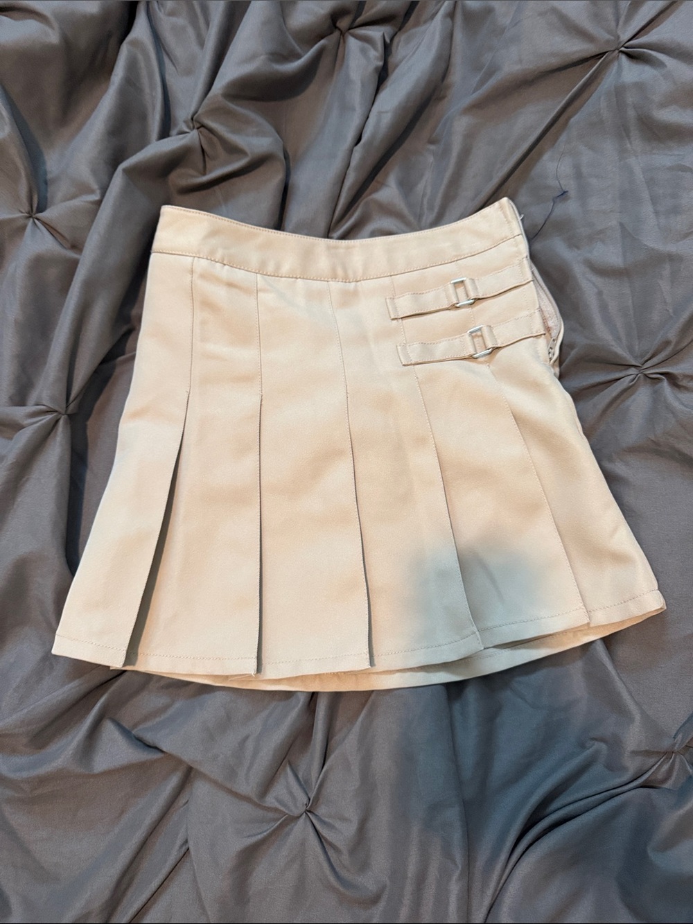 French Toast Cream Pleated Skort with Side Buckles
